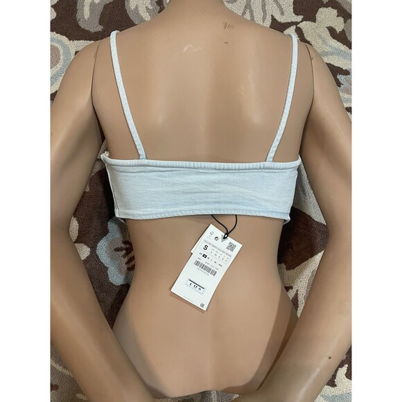 New ZARA Top Light BLue Denim Triangle Bandana Cropped Tank Top Size S #5907S - Picture 5 of 6